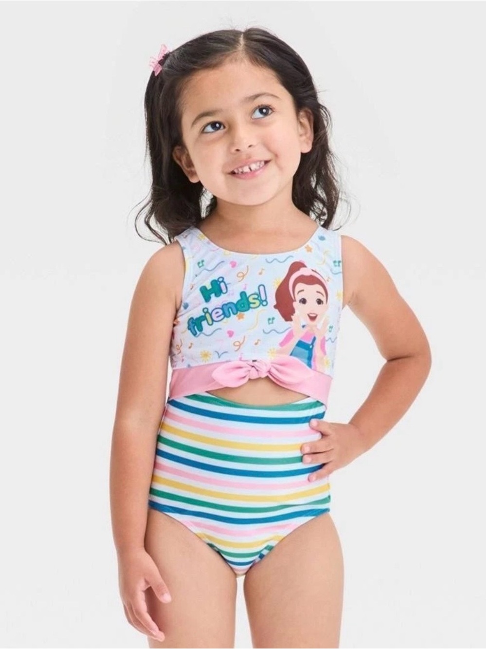 Ms. Rachel “Hi Friends” Toddler Girls Cutout Bow One-Piece  Striped Swimsuit